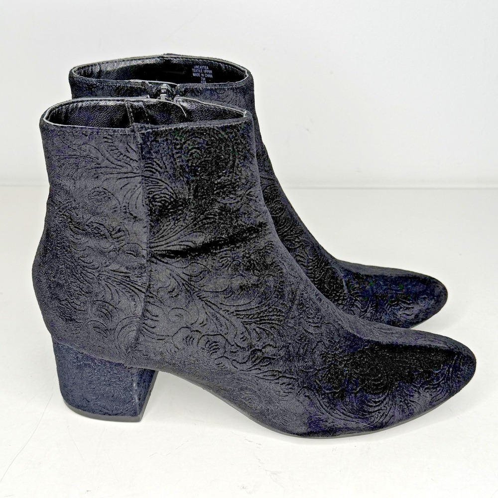 Unisa UNCAYTEA Boots Womens 7 Black Floral Velvet Ankle Block Heel Y2K Booties